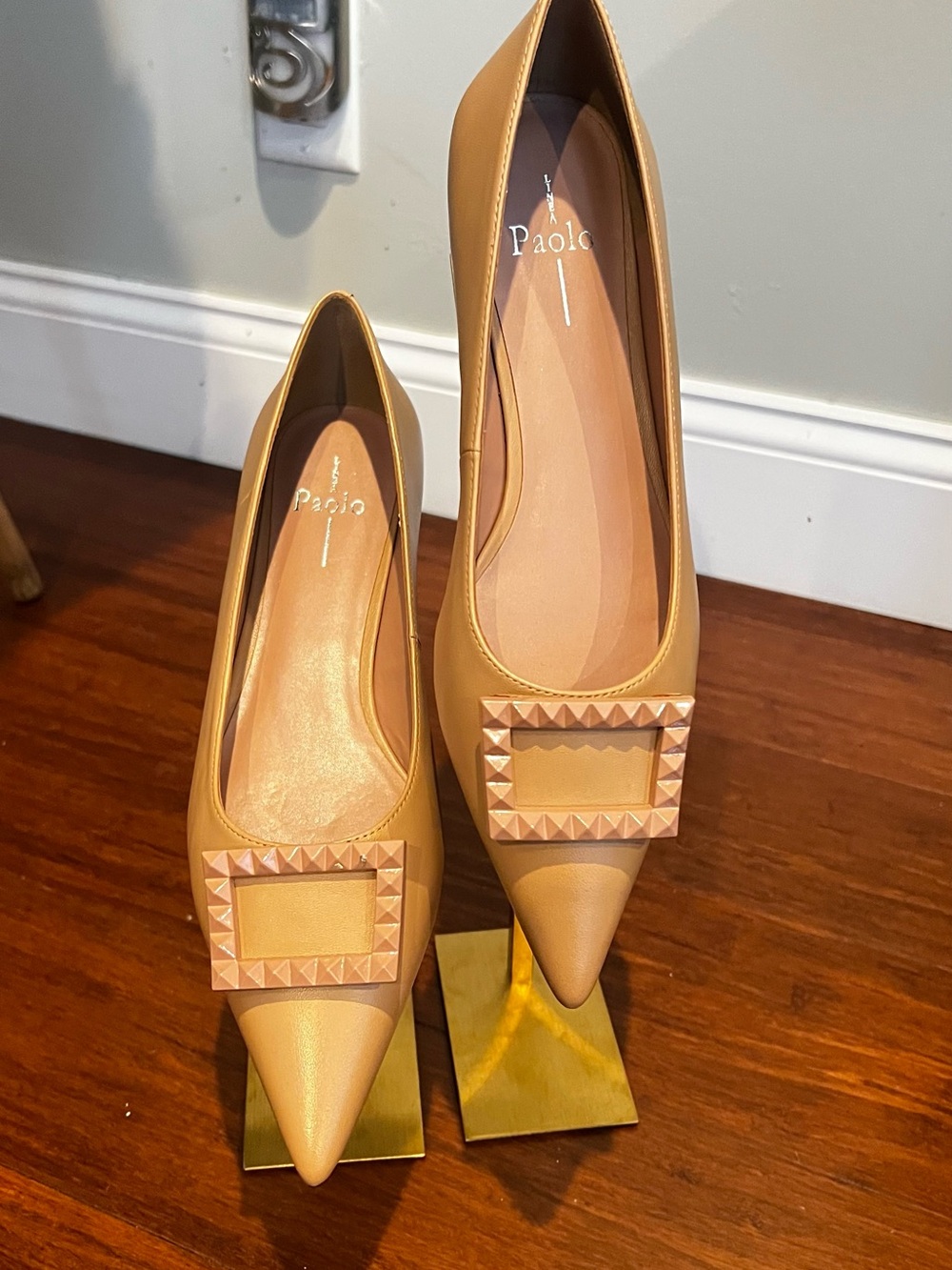 Paolo Mustard Tan Pointed Toe Studded Buckle Pumps